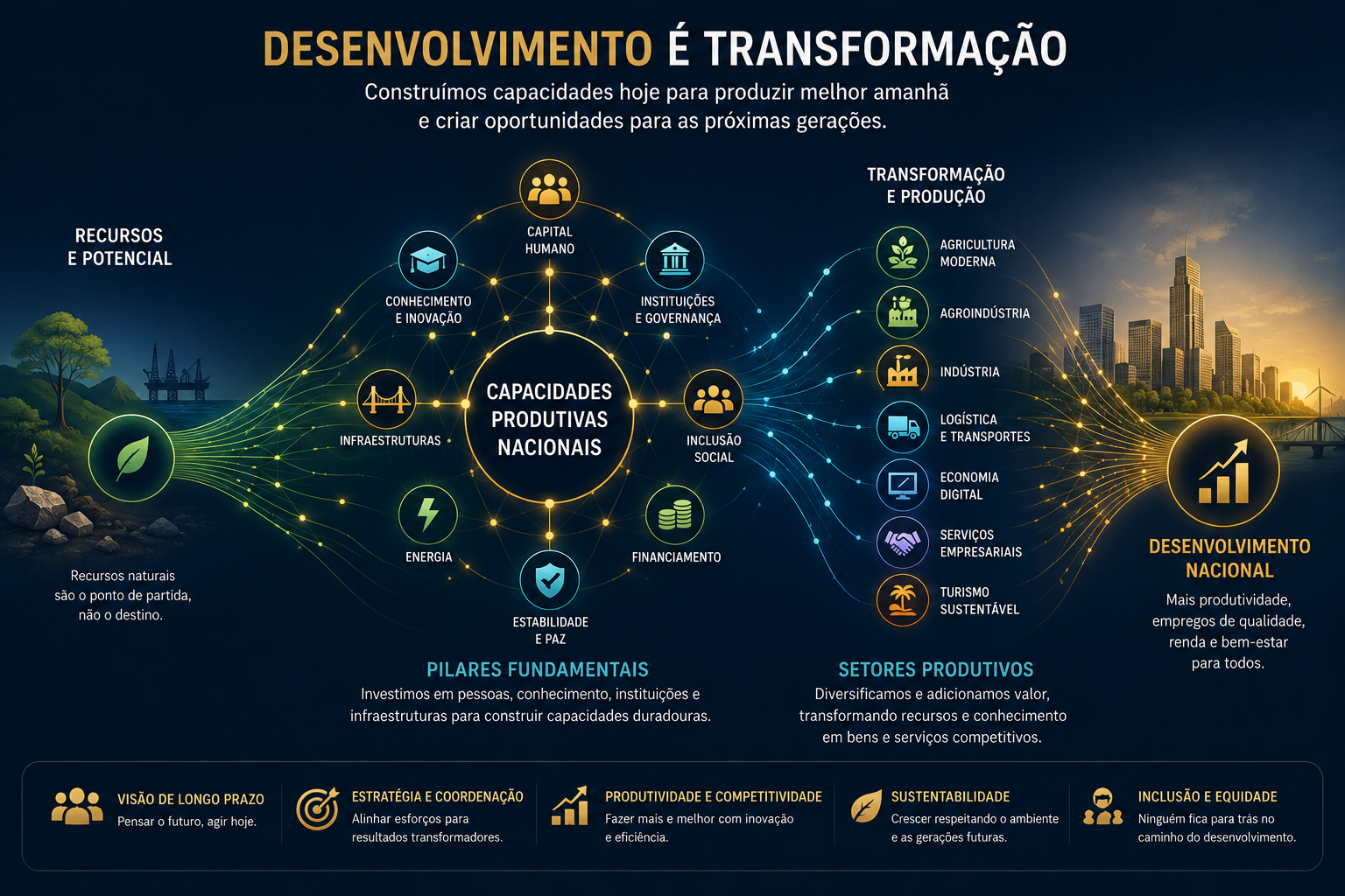 Da base de recursos naturais às capacidades produtivas nacionais e à prosperidade — síntese visual da transformação estrutural.